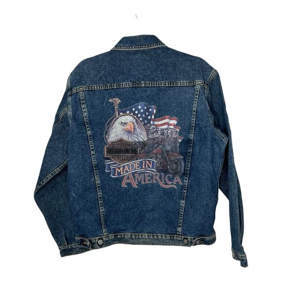 Vintage Harley Davidson Jacket Mens Medium Blue Denim Made In America Eagles 90s - Picture 1 of 10